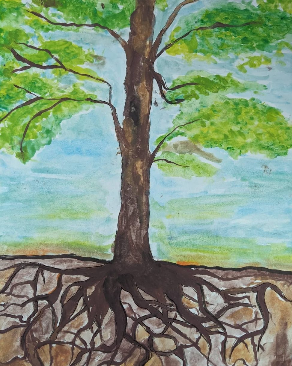 Ein Baum mit hellgrünem Laub, in Aquarell gemalt, sein dicker Stamm steigt in einen blauen Himmel auf, und unter der Bodenlinie nimmt ein weites Netz brauner Wurzeln den ganzen unteren Teil des Blattes ein
