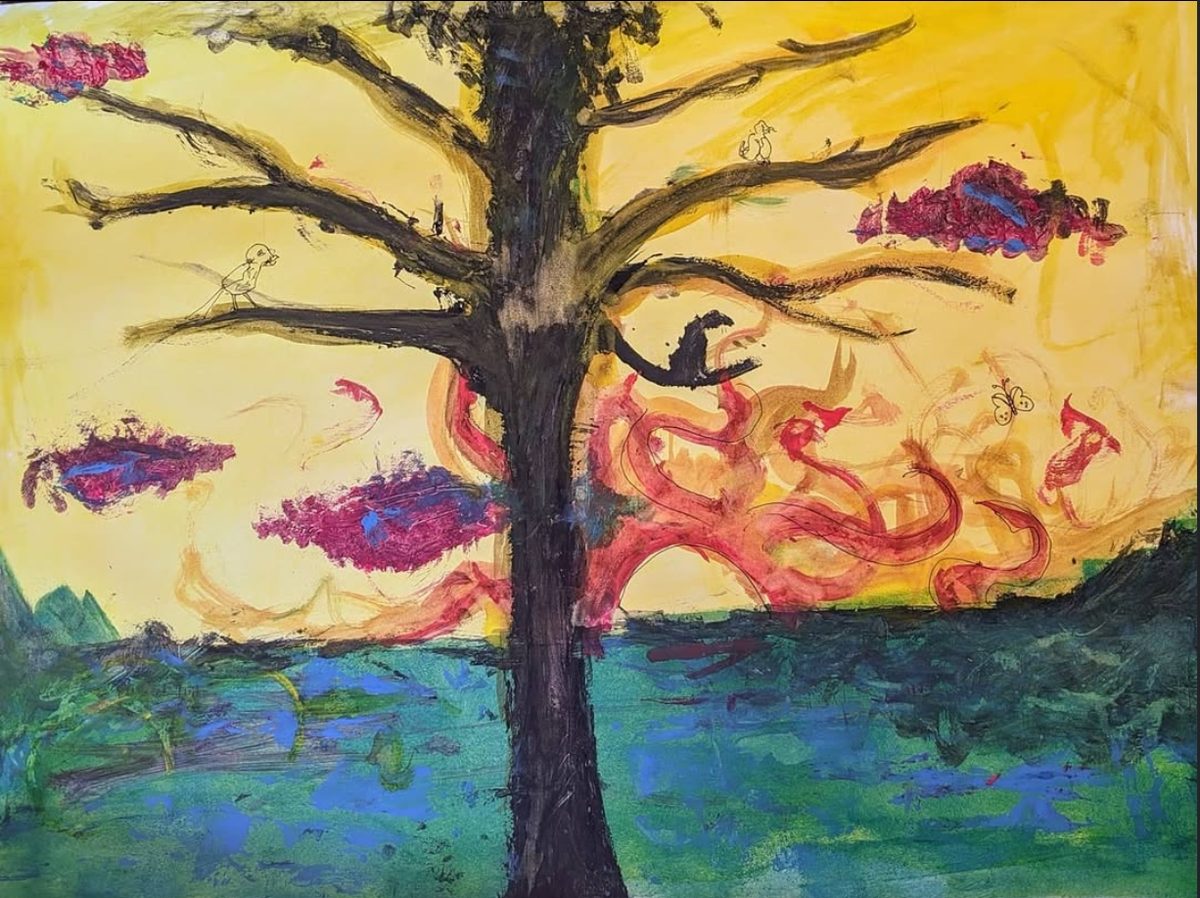 Eine Gouache: die dunkle Silhouette eines Baumes hebt sich vor einem gelb-orangefarbenen Sonnenuntergang ab, über einer blau-grünen Wasserfläche
